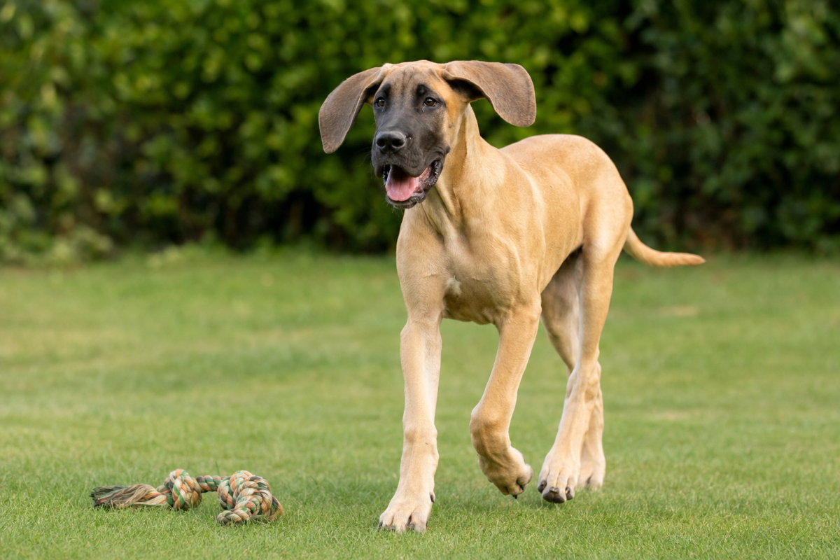 Fawn Great Dane puppy with a black mask trotting across a grass lawn beside a knotted rope toy