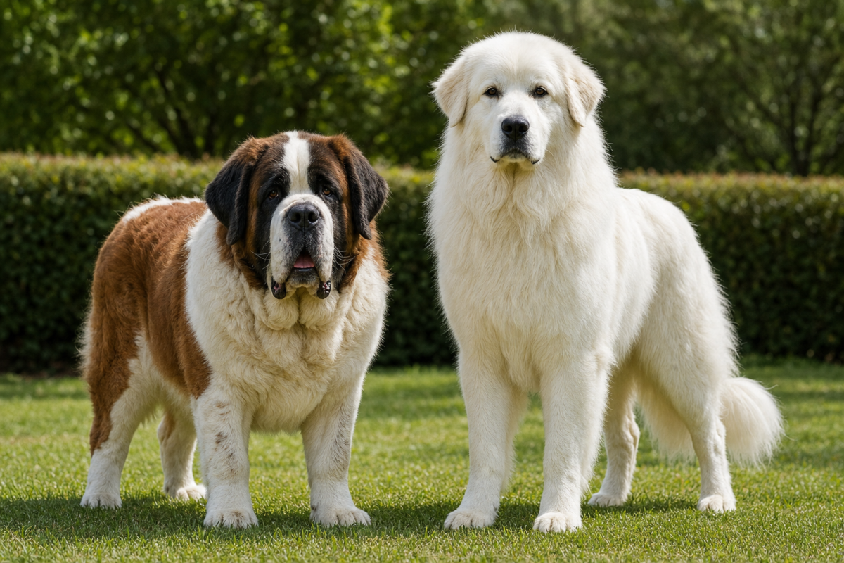 Adult Saint Bernard with a red and white coat standing beside a white Great Pyrenees on a grass lawn