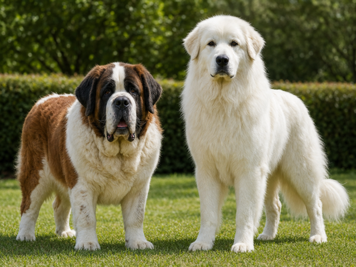 Adult Saint Bernard with a red and white coat standing beside a white Great Pyrenees on a grass lawn