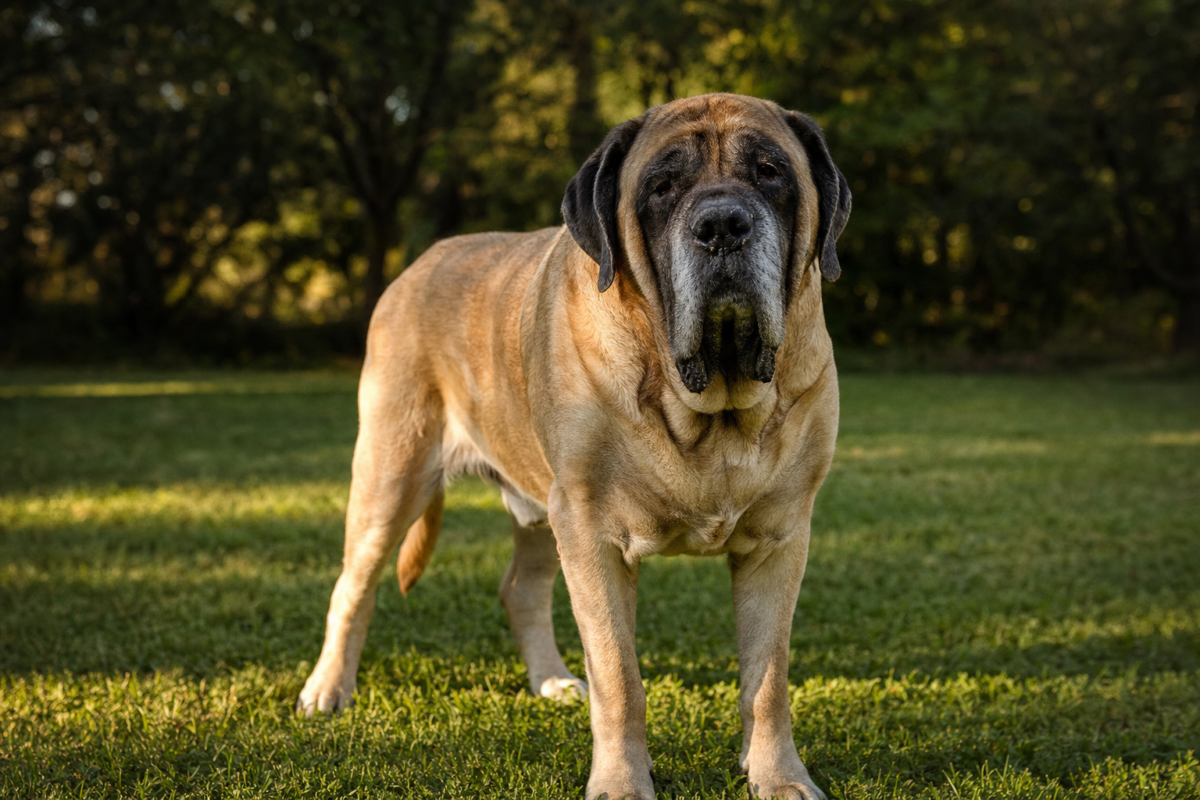 Senior fawn English Mastiff with a greying muzzle standing on a grassy lawn in evening light
