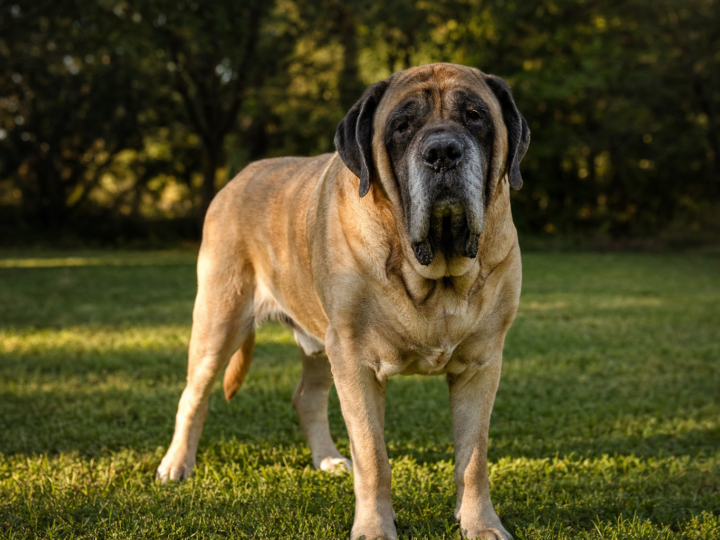 Senior fawn English Mastiff with a greying muzzle standing on a grassy lawn in evening light