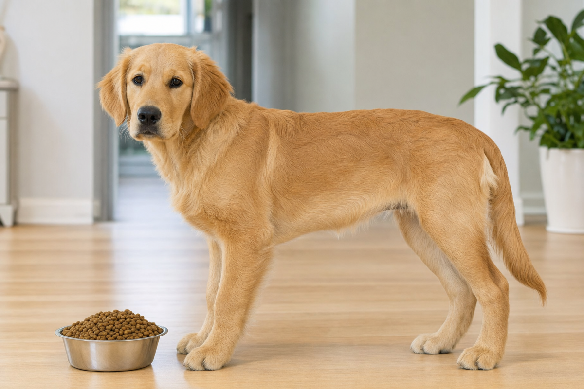 Young Golden Retriever puppy standing in profile beside a full bowl of kibble on a wooden floor