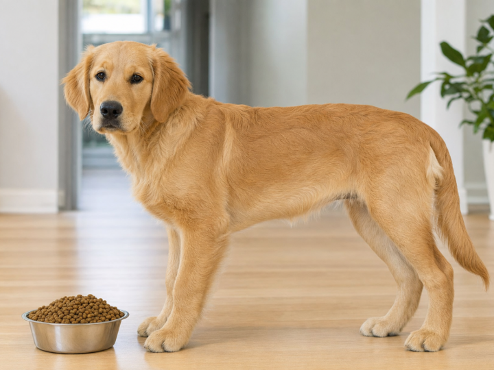 Young Golden Retriever puppy standing in profile beside a full bowl of kibble on a wooden floor