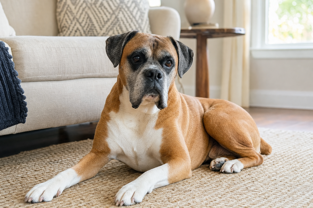 Senior fawn Boxer with a greying muzzle resting on a rug beside a sofa