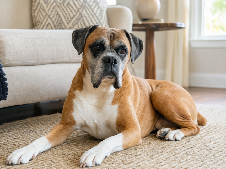 Senior fawn Boxer with a greying muzzle resting on a rug beside a sofa