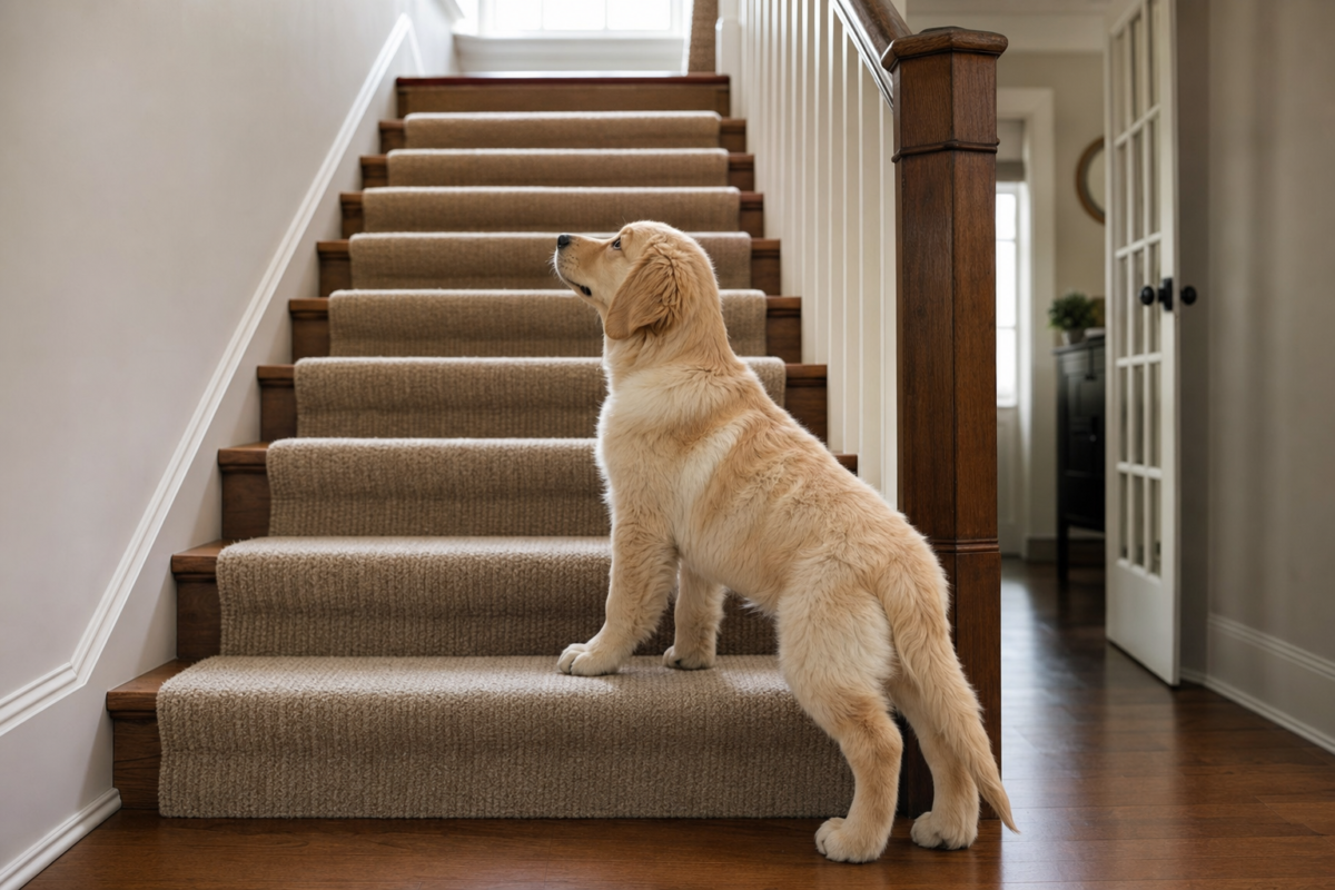 Golden Retriever puppy with front paws on the bottom step of a carpeted staircase looking upward