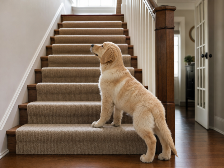 Golden Retriever puppy with front paws on the bottom step of a carpeted staircase looking upward