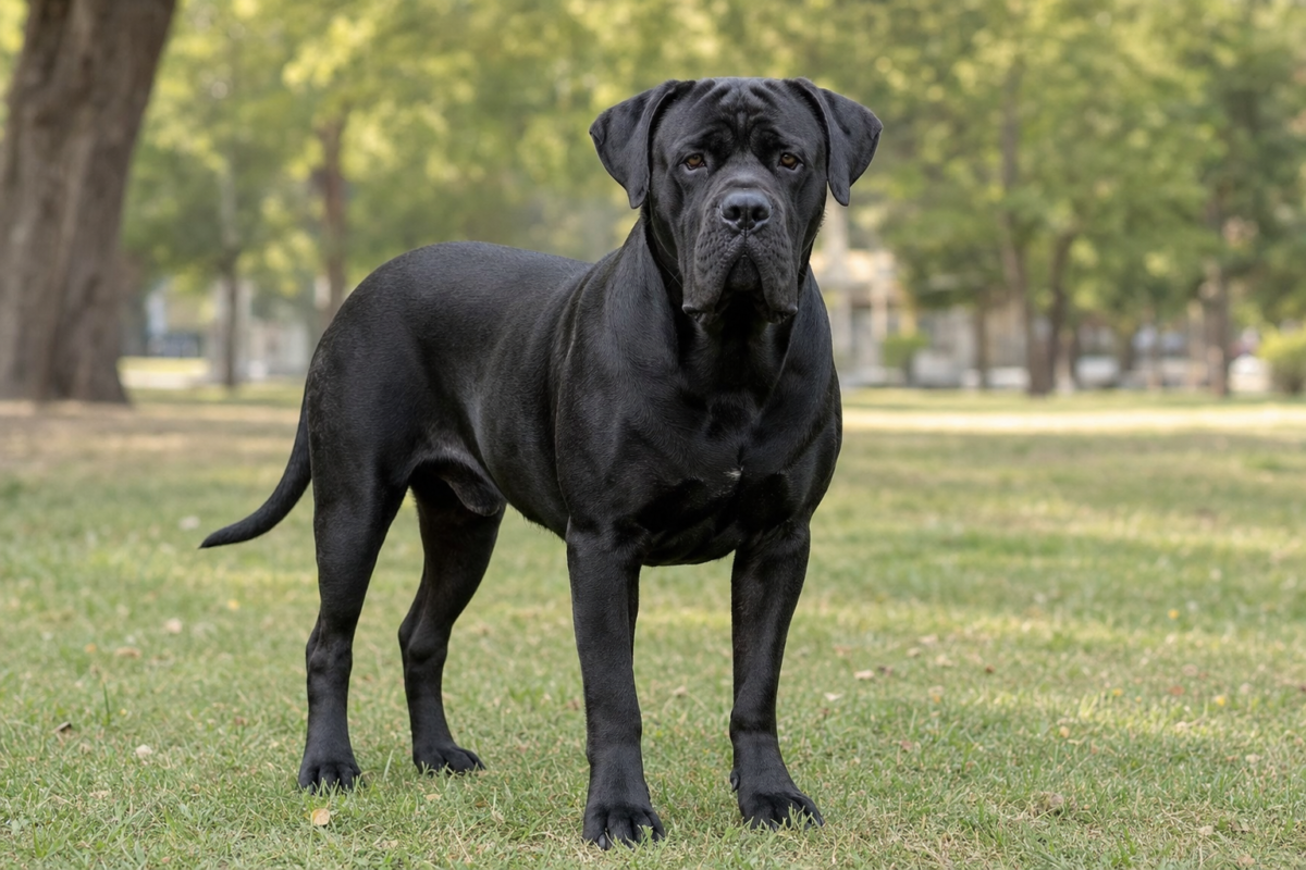 Adult black Cane Corso standing on grass in a park