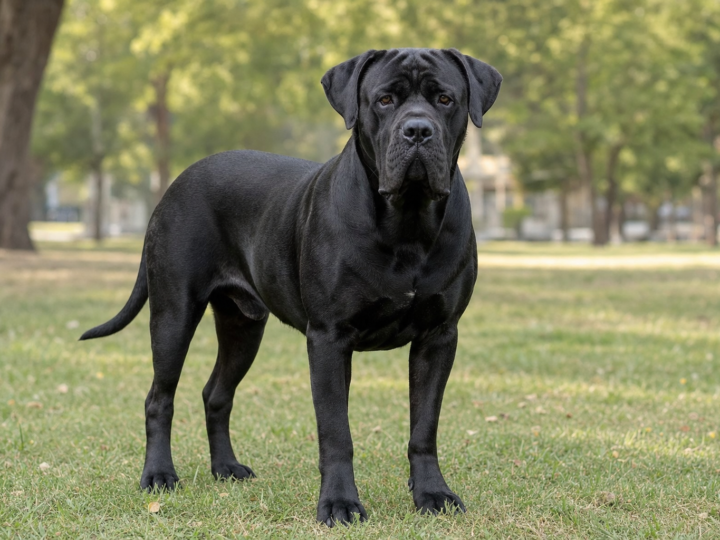 Adult black Cane Corso standing on grass in a park