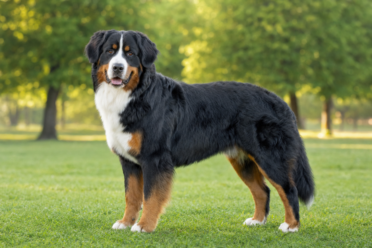 Adult Bernese Mountain Dog standing on grass in a park