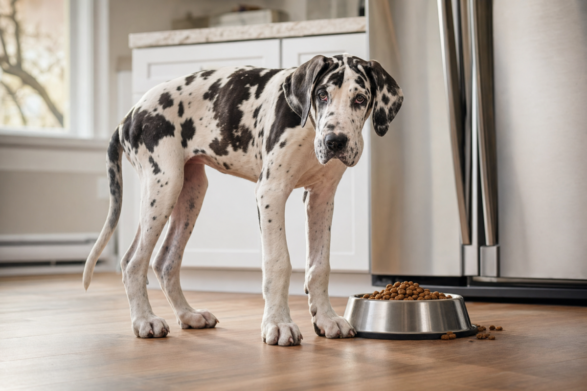 Harlequin Great Dane puppy standing beside a stainless steel bowl of kibble on a kitchen floor