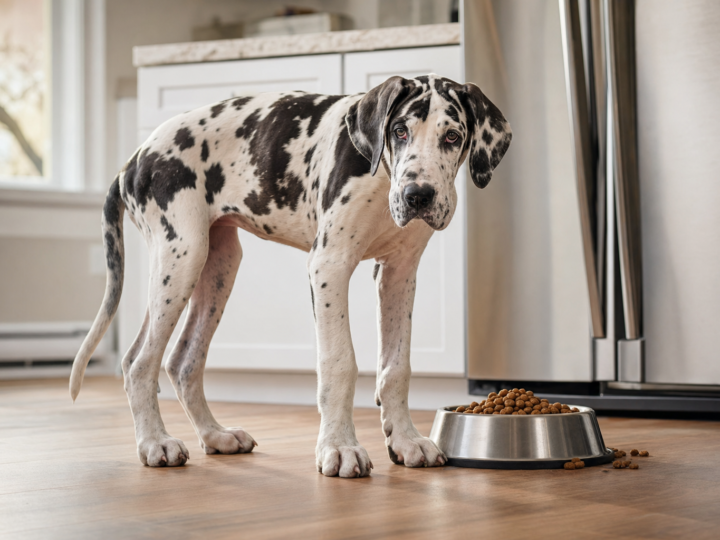 Harlequin Great Dane puppy standing beside a stainless steel bowl of kibble on a kitchen floor