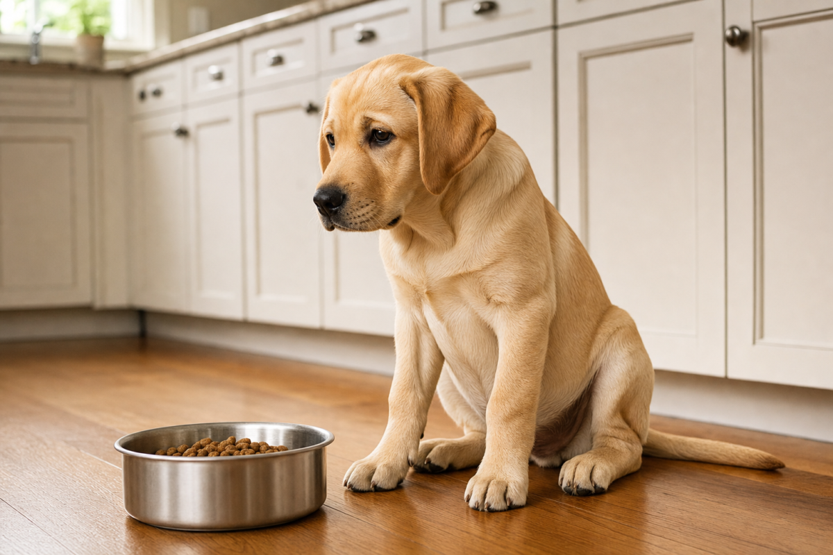 Yellow Labrador Retriever puppy sitting beside a bowl of kibble