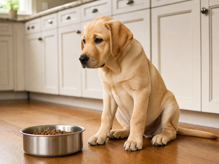 Yellow Labrador Retriever puppy sitting beside a bowl of kibble