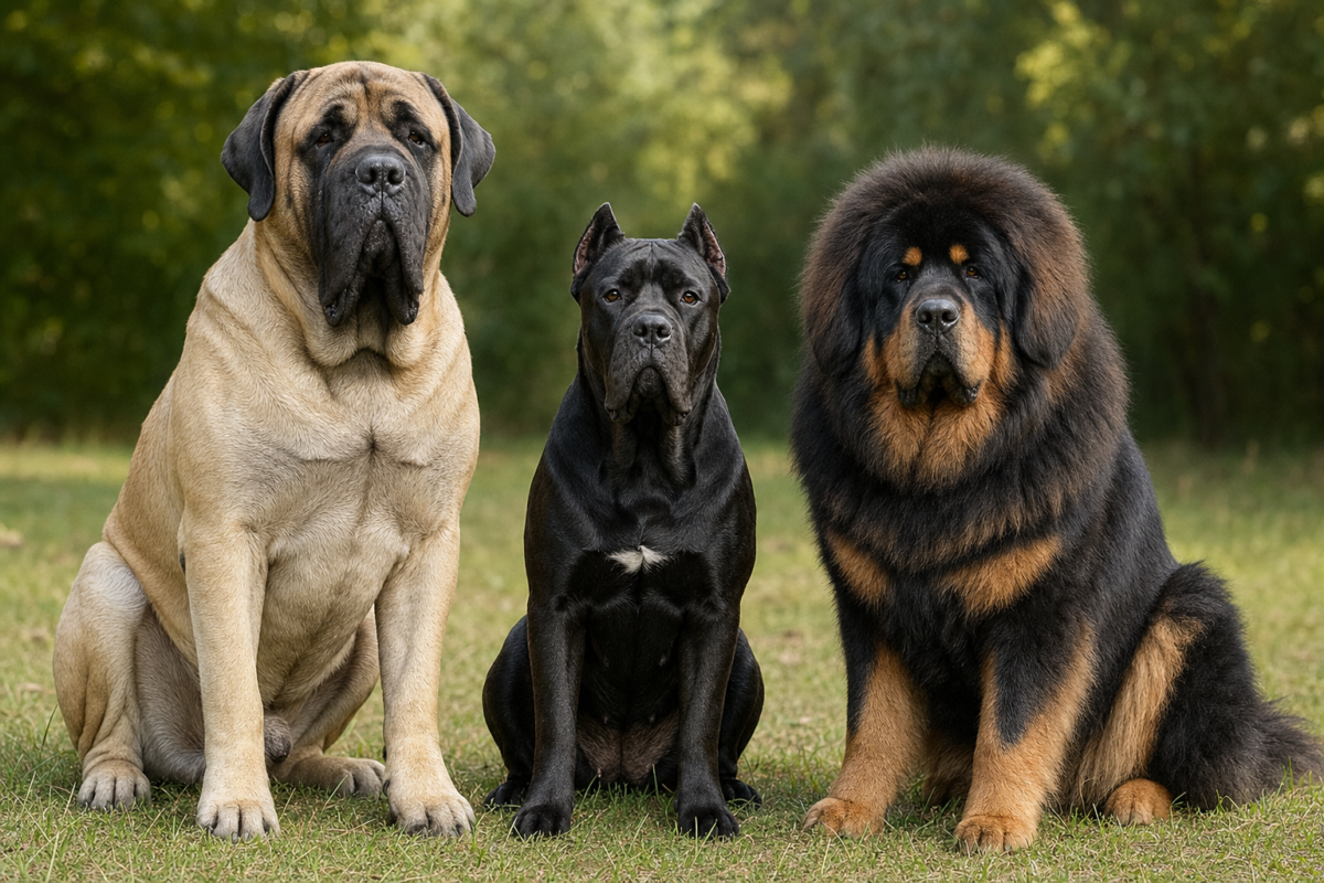 English Mastiff, Cane Corso and Tibetan Mastiff sitting together on grass