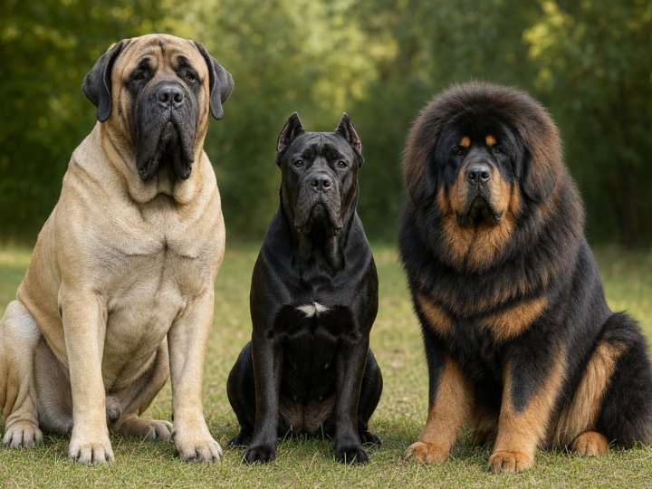 English Mastiff, Cane Corso and Tibetan Mastiff sitting together on grass