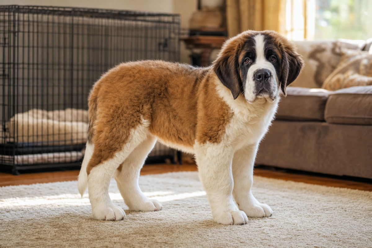 A Saint Bernard puppy standing on a rug beside a large dog crate