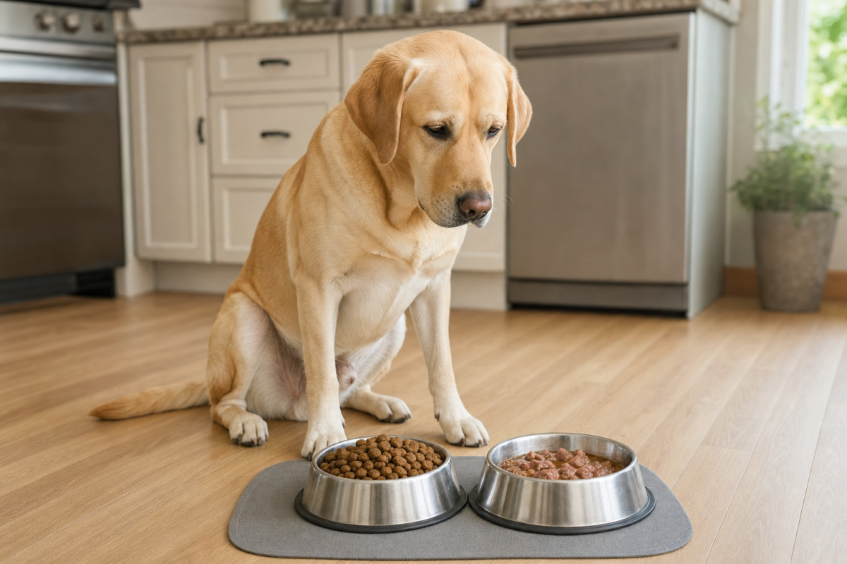 Yellow Labrador Retriever sitting on a kitchen floor beside one bowl of dry kibble and one bowl of wet food