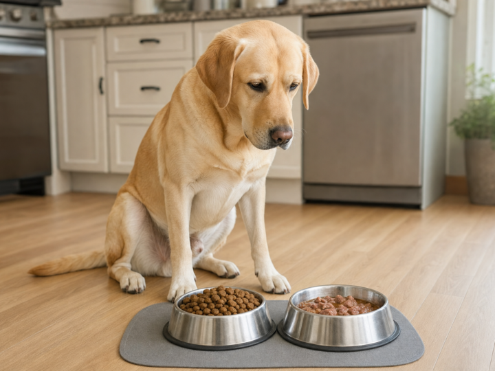 Yellow Labrador Retriever sitting on a kitchen floor beside one bowl of dry kibble and one bowl of wet food