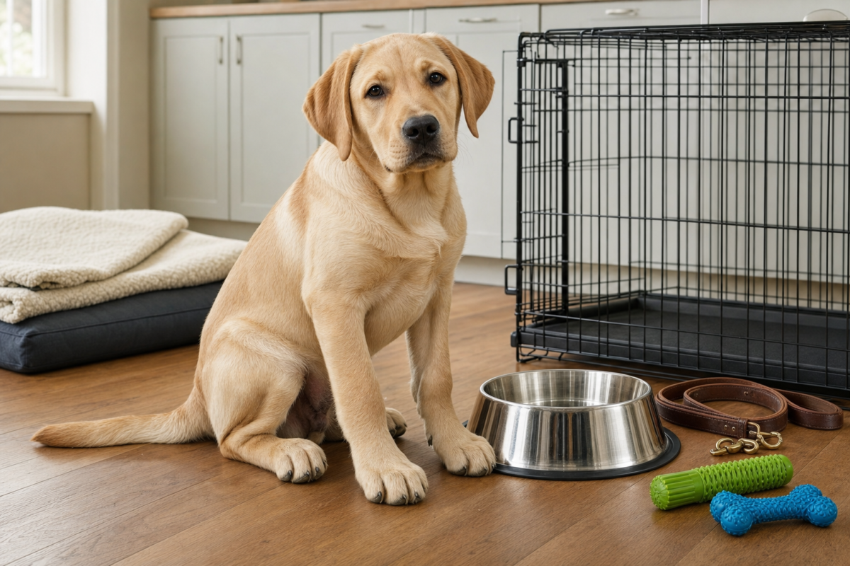 Yellow Labrador Retriever puppy sitting beside a crate, food bowl, leash and toys