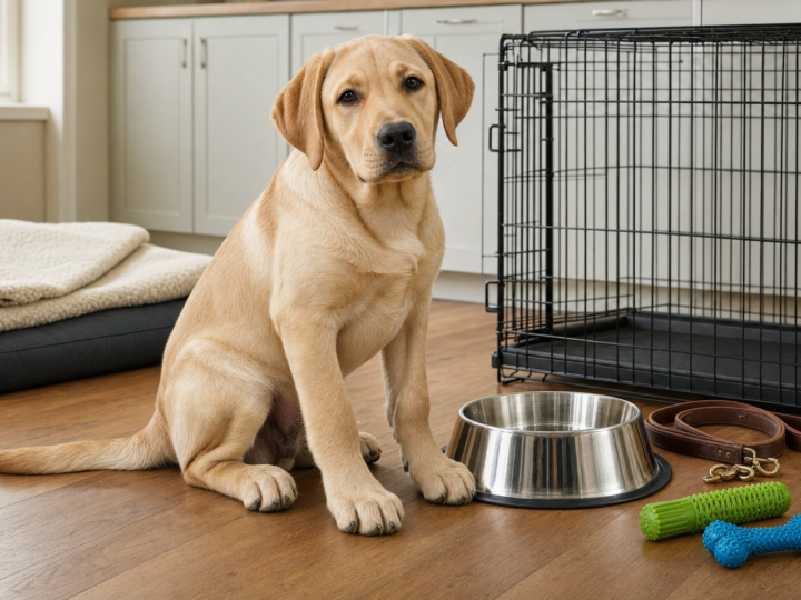 Yellow Labrador Retriever puppy sitting beside a crate, food bowl, leash and toys