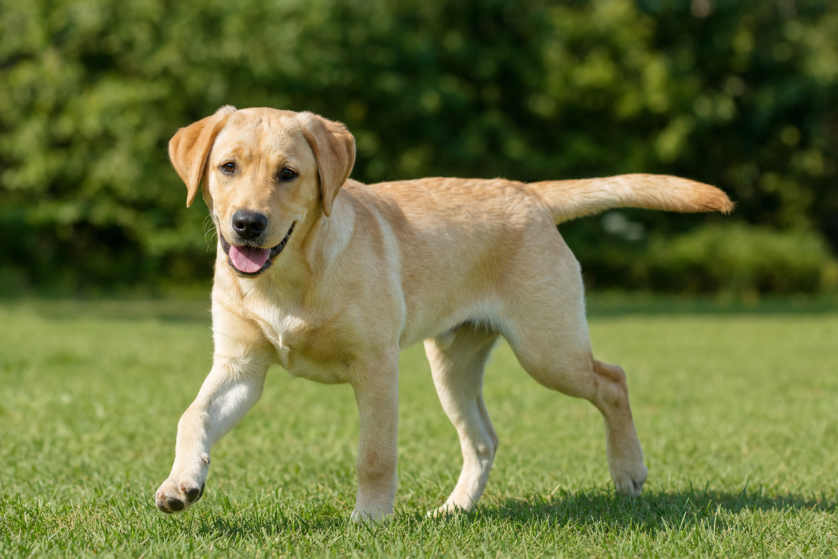 Adolescent yellow Labrador Retriever trotting across green grass in a park