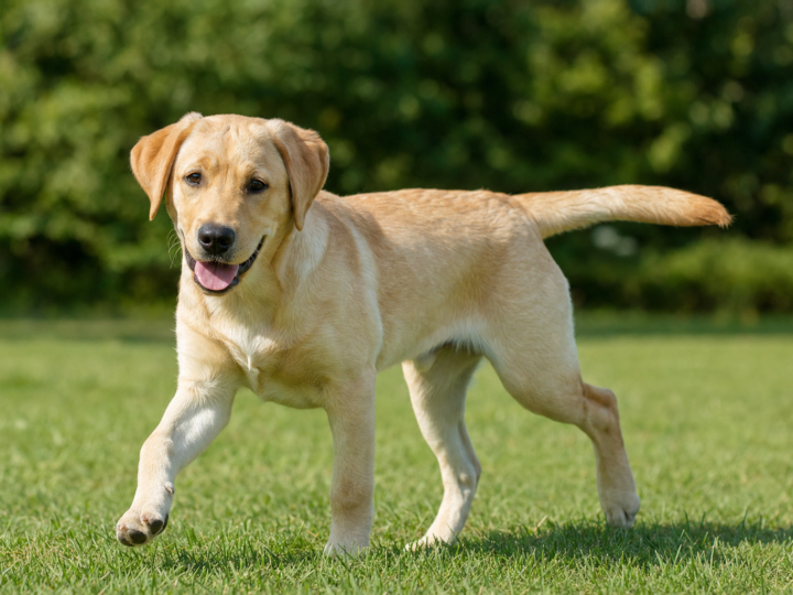 Adolescent yellow Labrador Retriever trotting across green grass in a park