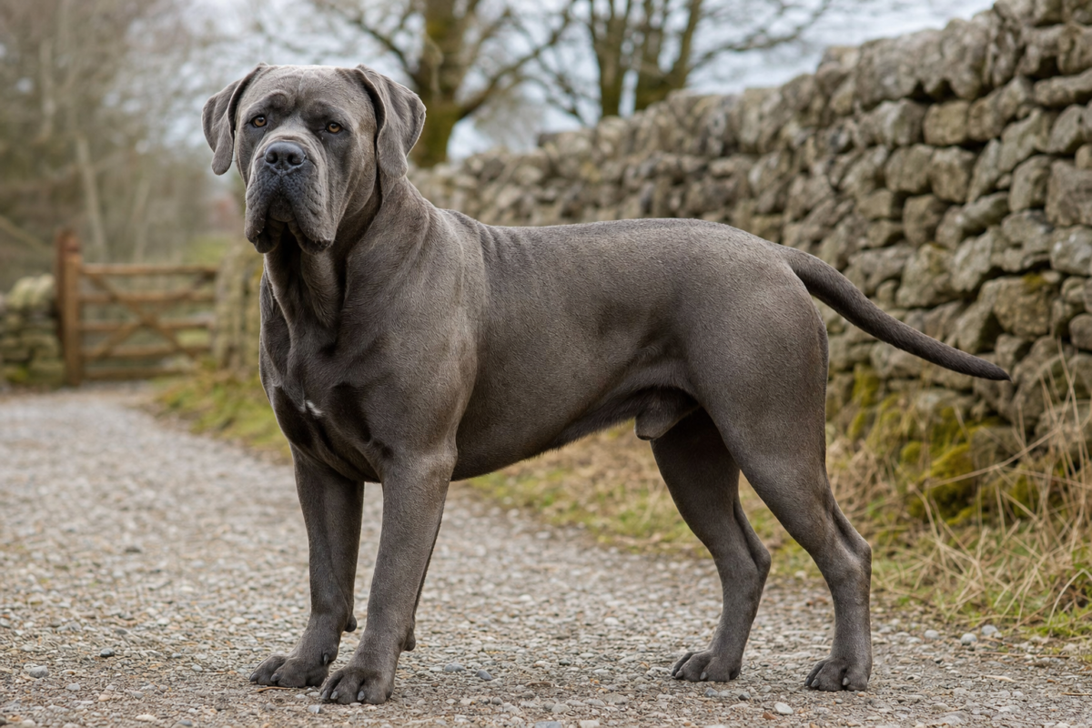 Adult grey Cane Corso standing on a gravel track beside a stone wall