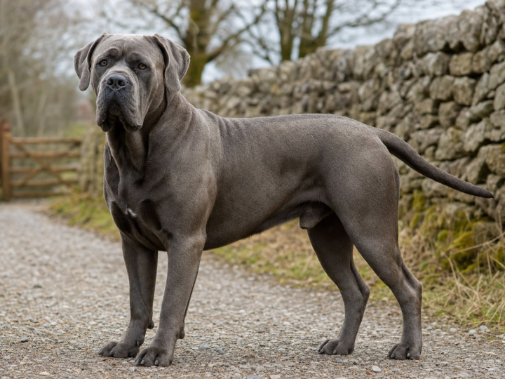 Adult grey Cane Corso standing on a gravel track beside a stone wall