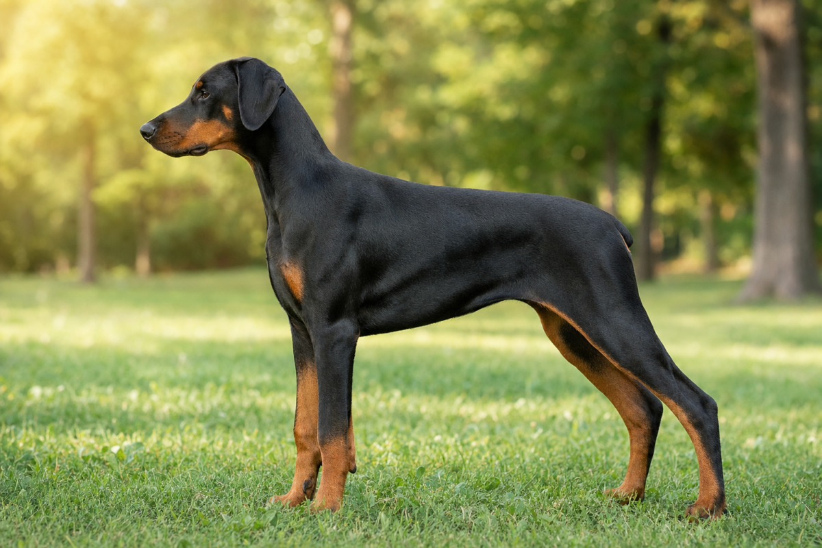 Adult black and rust Doberman standing in profile on grass in a sunny park