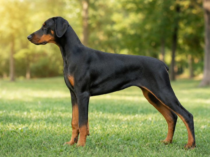 Adult black and rust Doberman standing in profile on grass in a sunny park