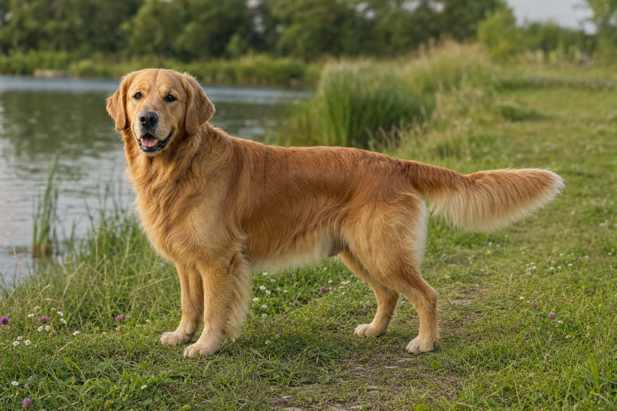 Adult Golden Retriever standing on a grassy path beside a quiet pond