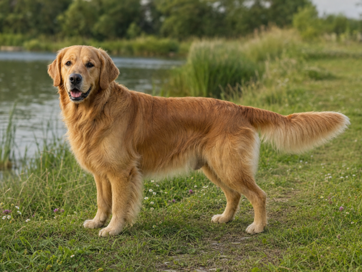 Adult Golden Retriever standing on a grassy path beside a quiet pond