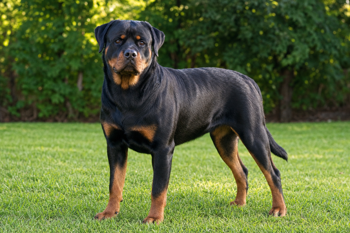 Young adult Rottweiler standing on grass in a backyard