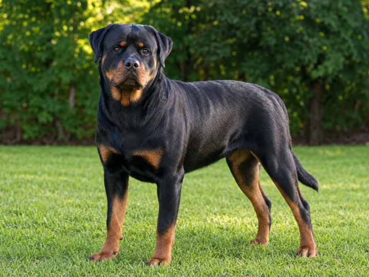 Young adult Rottweiler standing on grass in a backyard