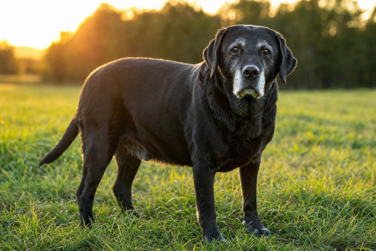 Senior black Labrador Retriever with a greying muzzle standing on grass at sunset