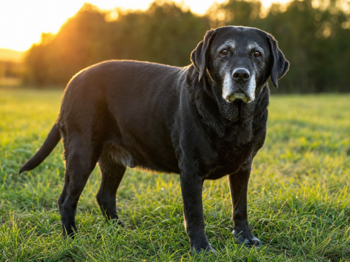 Senior black Labrador Retriever with a greying muzzle standing on grass at sunset