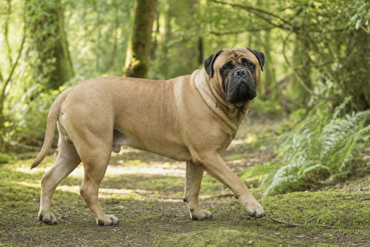 Adult fawn Bullmastiff with a black mask walking along a mossy woodland trail