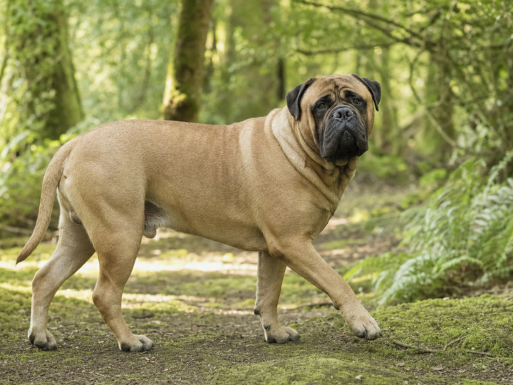 Adult fawn Bullmastiff with a black mask walking along a mossy woodland trail