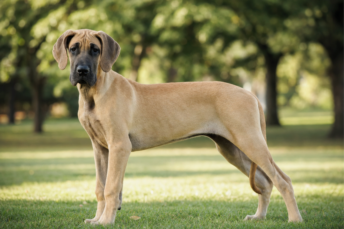Lean young Great Dane puppy standing on grass in a park