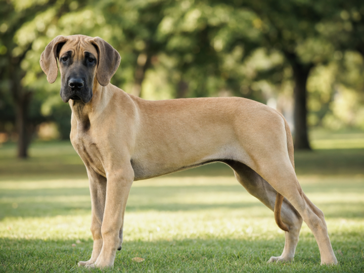 Lean young Great Dane puppy standing on grass in a park