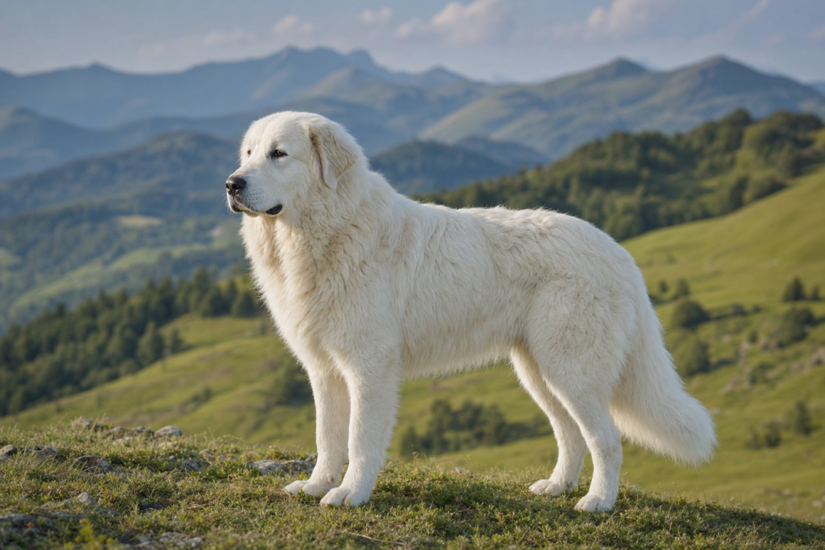 A white Great Pyrenees standing on a mountain hillside