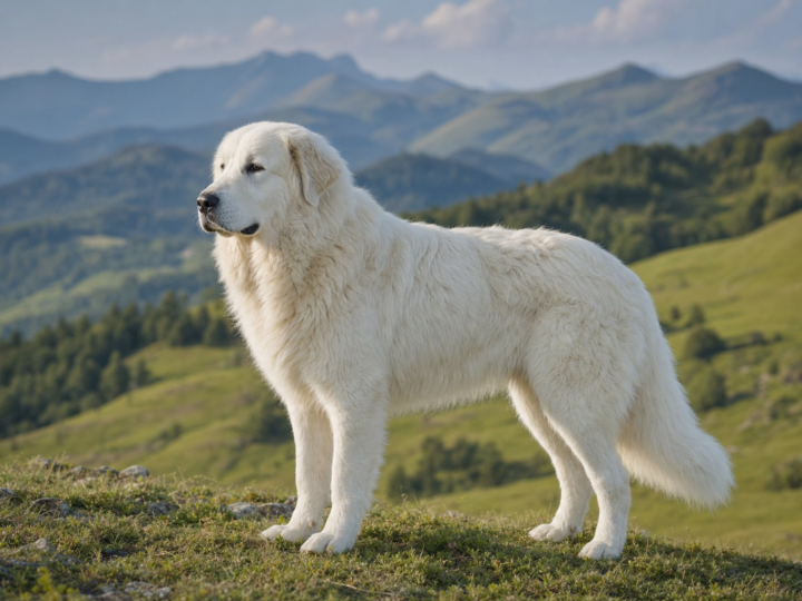 A white Great Pyrenees standing on a mountain hillside