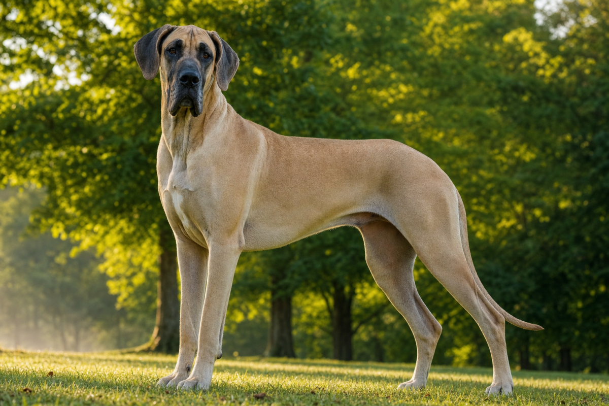 Adult fawn Great Dane standing tall on grass in morning light