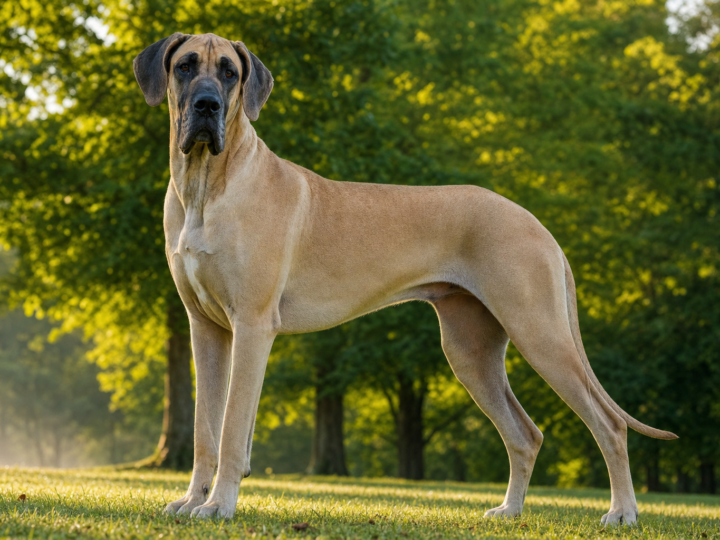 Adult fawn Great Dane standing tall on grass in morning light
