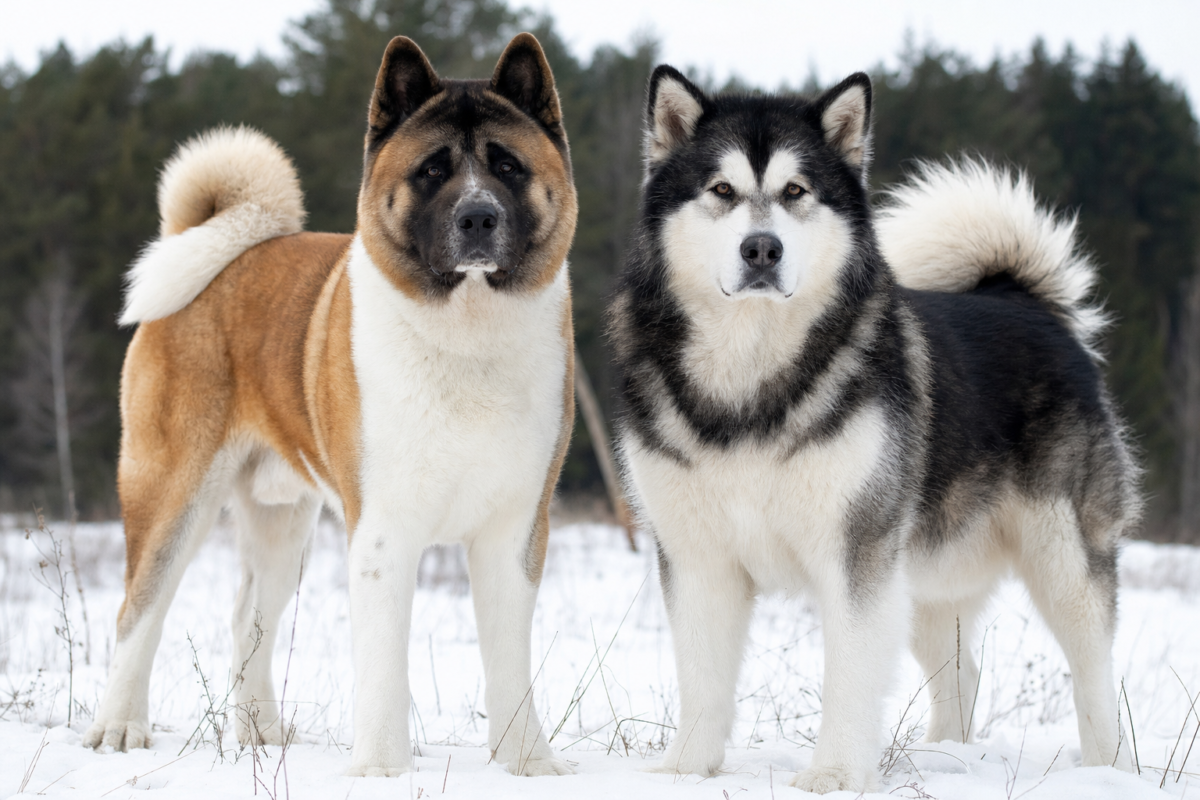 Red and white American Akita with a black mask standing beside a black and white Alaskan Malamute in a snowy meadow