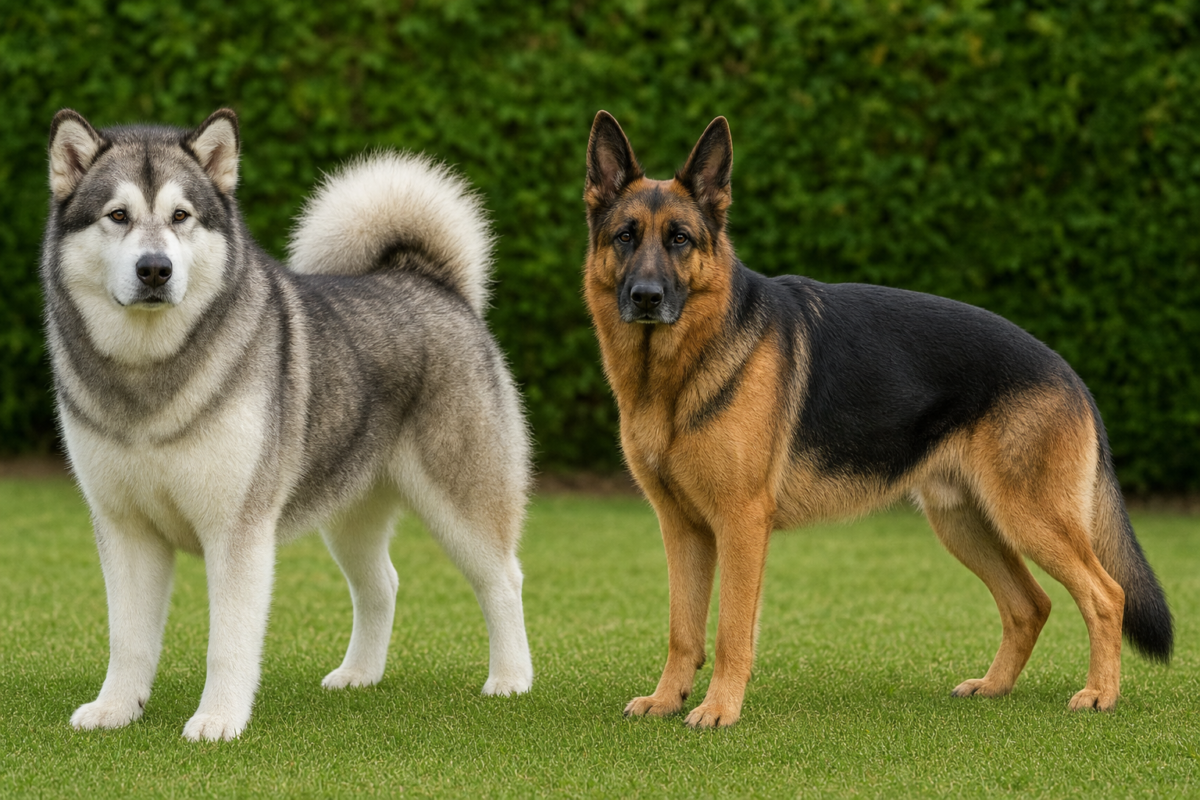Grey and white Alaskan Malamute standing beside a black and tan German Shepherd on a green grass lawn