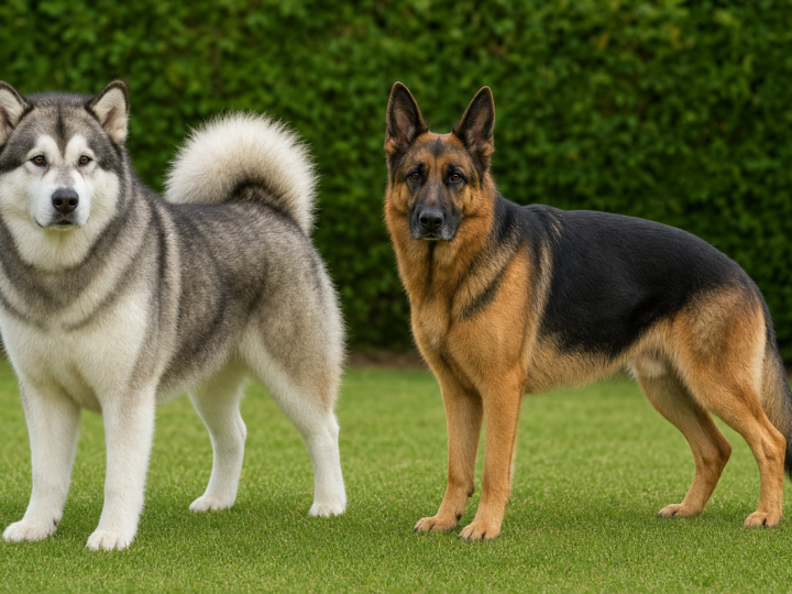 Grey and white Alaskan Malamute standing beside a black and tan German Shepherd on a green grass lawn