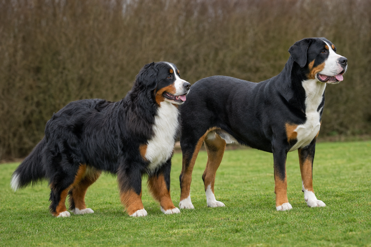 Long coated Bernese Mountain Dog standing beside a larger short coated Greater Swiss Mountain Dog on a grass lawn