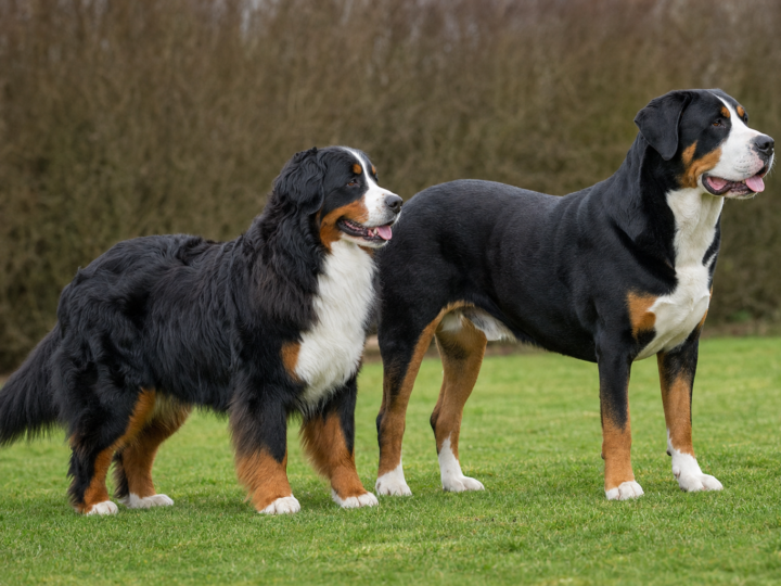 Long coated Bernese Mountain Dog standing beside a larger short coated Greater Swiss Mountain Dog on a grass lawn